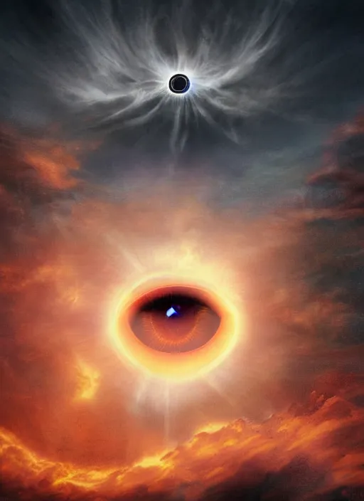 Image similar to the eye of sauron above the clouds, highly detailed,