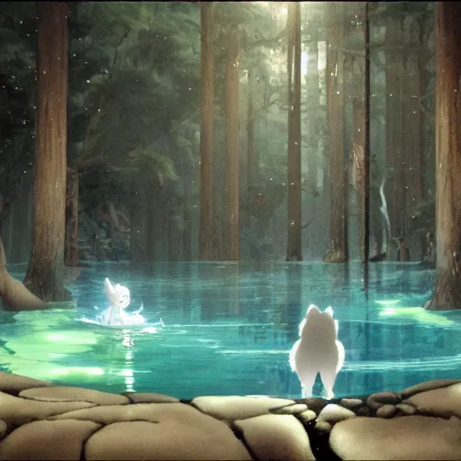 Image similar to a spirit wolf forest drinking water from an illuminated pool, hayao miyazaki, masashi ando, nizou yamamoto, kazuo oga, joe hisaishi, yoji takeshige, naoya tanaka