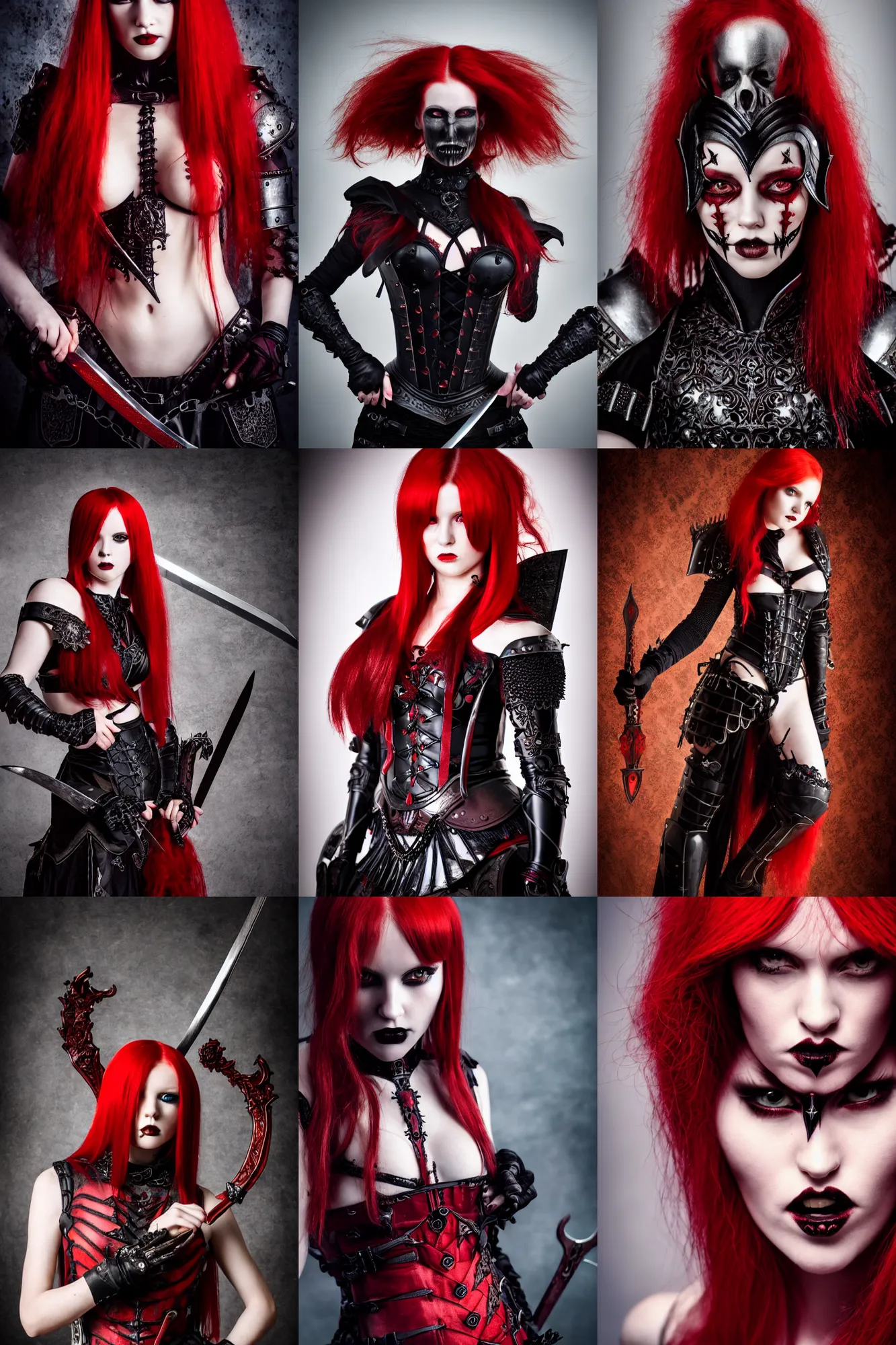 Image similar to very beautiful demonic top model, red hair and skin, wearing gothic victorian armor with blades and swords, luxury materials, symmetrical, cinematic, elegant, professional studio light, real dlsr photography, sharp focus, 4 k, ultra hd, sense of awe, high fashion