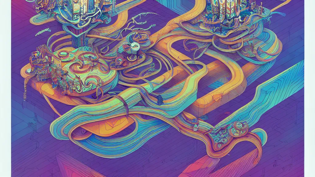 Prompt: twisted turn of fate abstraction, centered award winning ink pen illustration, isometric abstract illustration by dan mumford, edited by craola, tiny details by artgerm beeple and tooth wu and watercolor girl, symmetrically isometrically centered