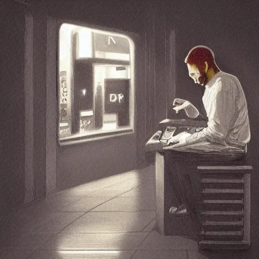 Image similar to sad man paying his last dollar at a cash register trending on artstation dark lighting