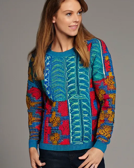 Image similar to new colorful coogi sweater with intricate woven patterns