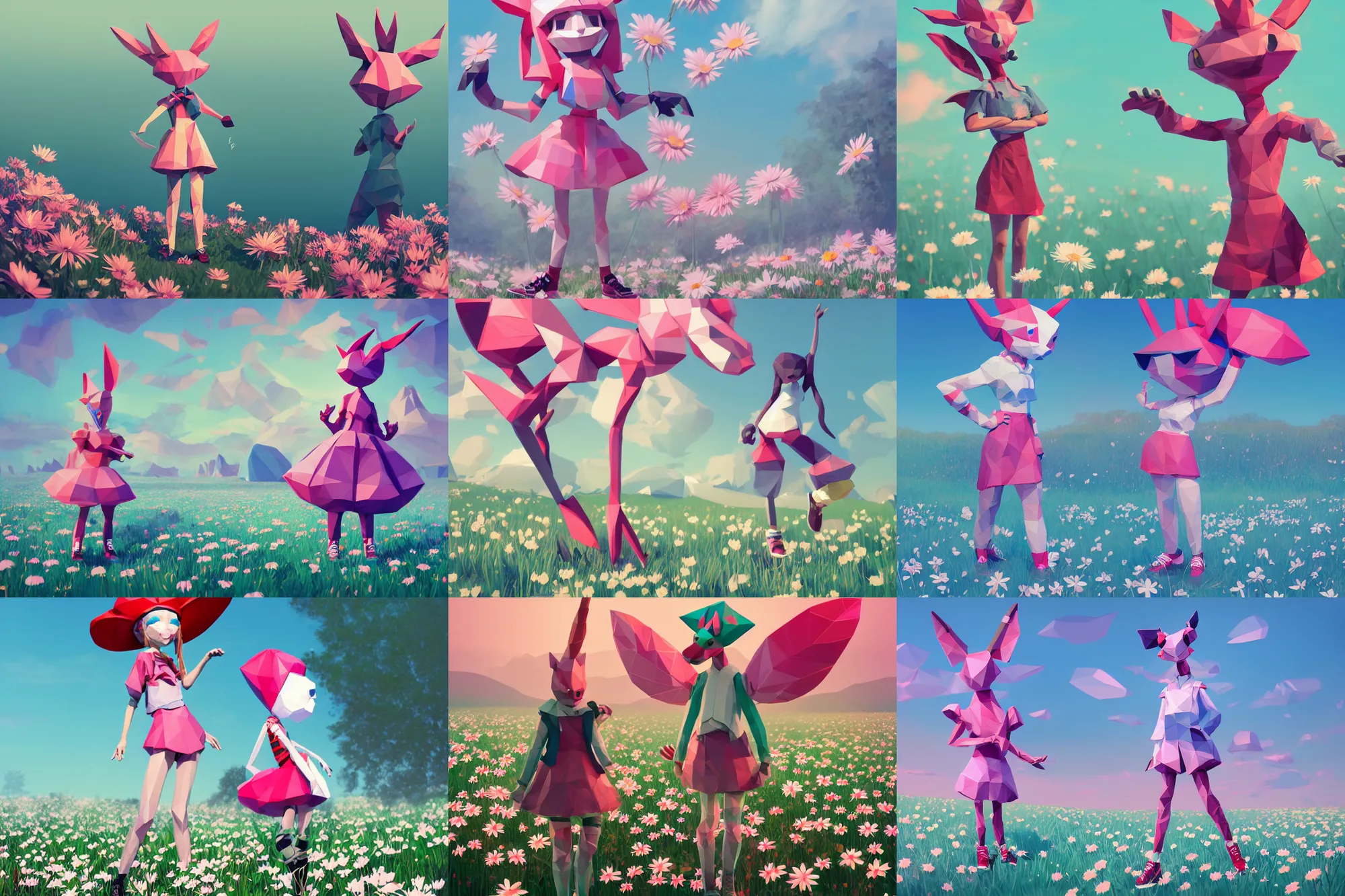 Prompt: lowpoly ps 1 playstation 1 9 9 9 anthropomorphic lurantis girl in an ice floe standing in a field of daisies wearing converse shoes and a davey crockett hat, digital illustration by ruan jia on artstation