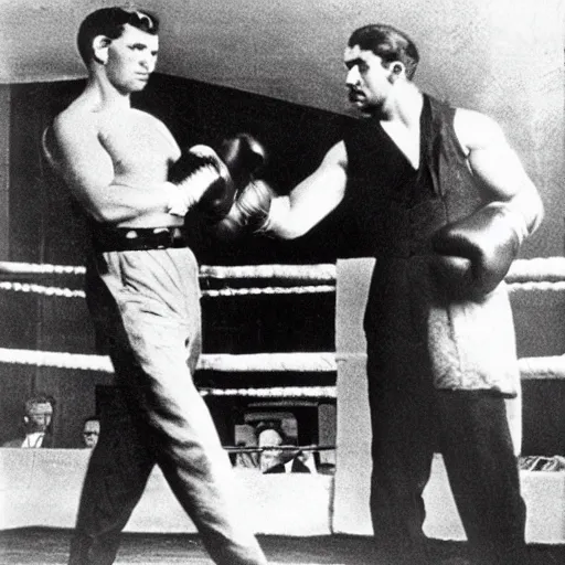 Image similar to Karl Marx boxing Ayn Rand, photo, 1920,