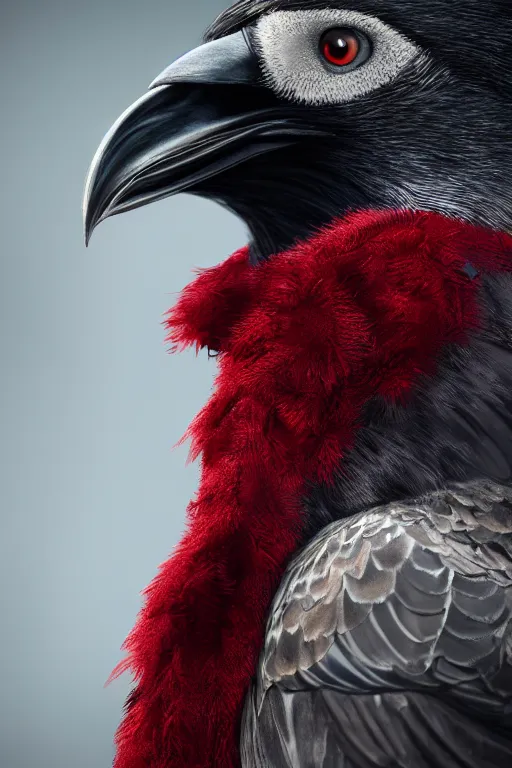 Prompt: a Hooded Crow wearing a red formal overcoat, hyperrealistic, concept art, octane render, unreal engine 5, trending on DeviantArt, highly detailed, high quality, 8K, soft lighting, cute, natural lighting, realistic face, trending on Artstation, elegant clothes, profile picture, path traced, house background