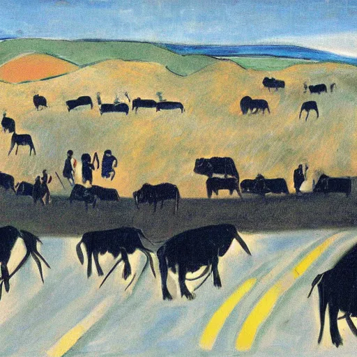 Prompt: a herd of buffalo crosses the road in south dakota, holding up traffic, painted by matisse