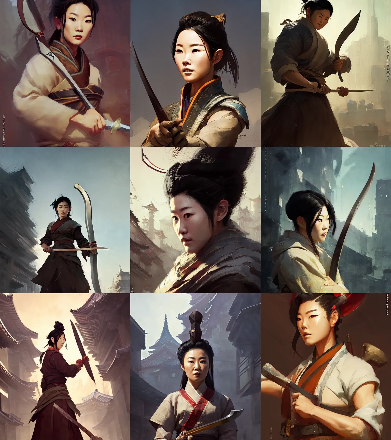 Prompt: a portrait of arden cho chef character with a polearm in a seoul city by marco bucci and greg rutkowski and frank frazetta, sharp focus, detailed, cinematic, hanbok