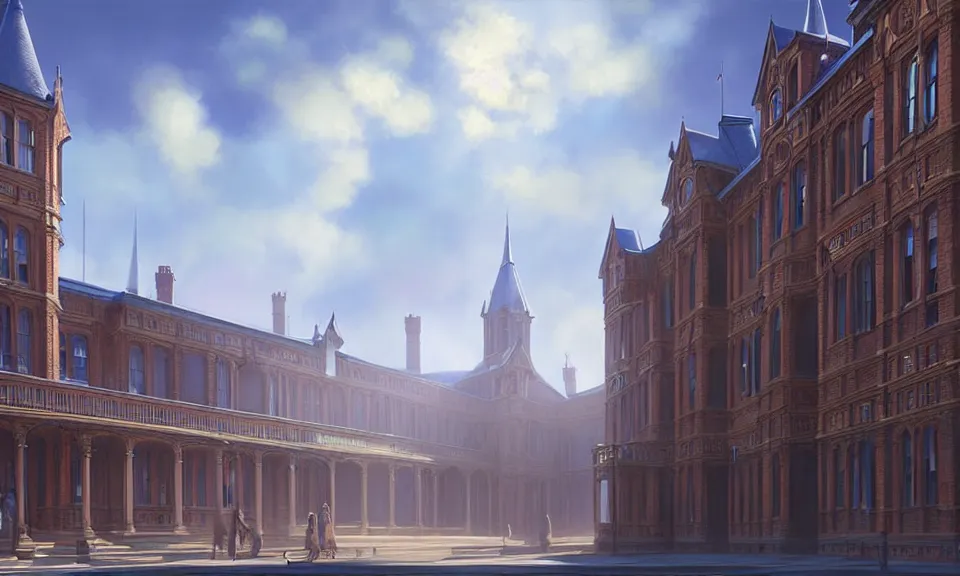 Prompt: a large victorian college building in a town, blue sky, higjly detailed, sunny, volumetric, cinematic lighting, realistic, digital art by greg rutkowski