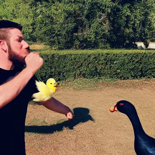 Prompt: photo of man punching a duck in the face - 9