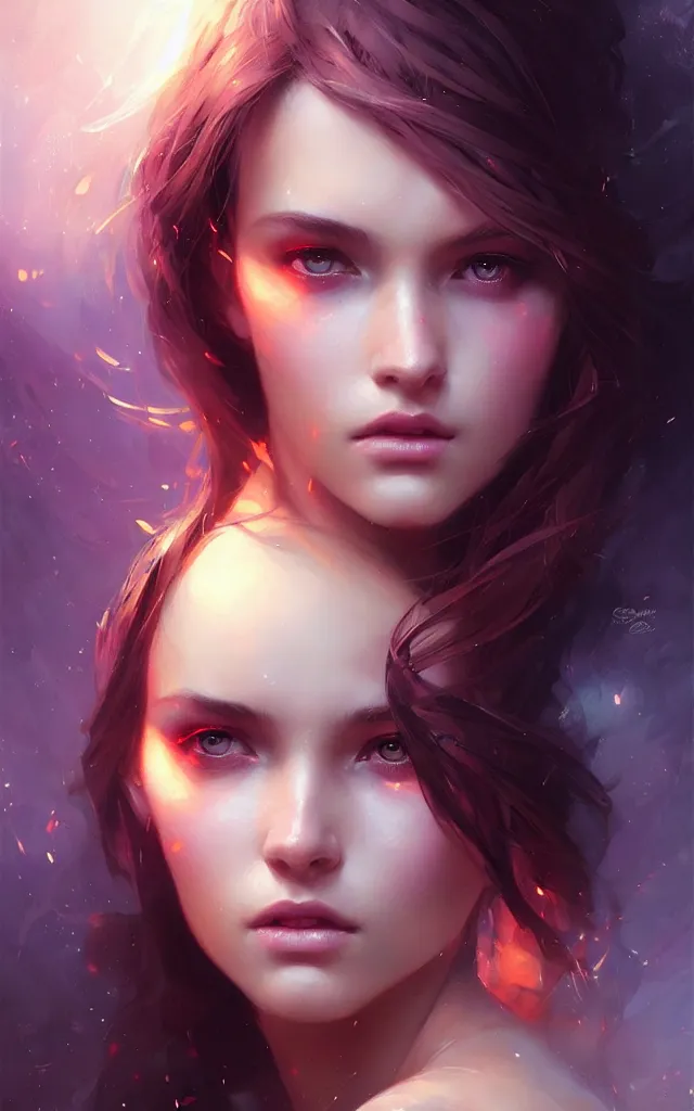 Image similar to beautiful girl portrait by greg rutkowski and charlie bowater, vivid, artgerm, aesthetic, fine details, colorful swirls, gaudy colors, luminescent, organic matte painting, realistic eyes, masterpiece, busy background, bokeh, depth of field