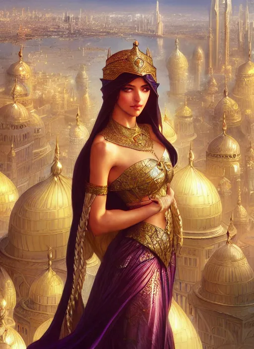 Image similar to an arabian princess looking over her city, shiny, fantasy, intricate, elegant, hyper detailed, ultra definition, photoreal, artstation, unreal engine rendered, concept art, smooth, sharp focus, illustration, art by artgerm and greg rutkowski and alphonse mucha and garis edelweiss