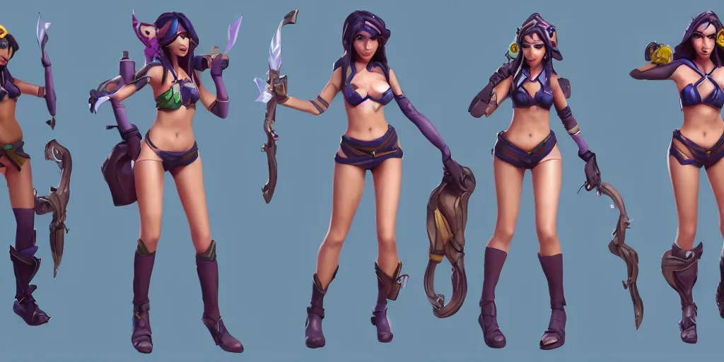 Prompt: rendered character sheet of Pool party Caitlyn in the game League of Legends, unreal engine 5 3d trending on art station