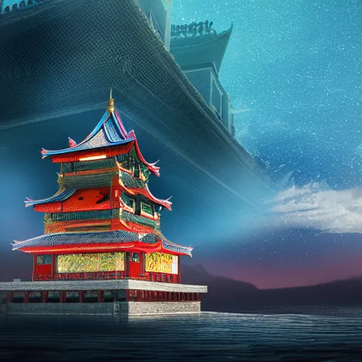 Image similar to a magnificent Chinese castle in the night sky above ocean, sense of awe, breathtaking, extremely detailed, concept art, environment concept, Rendered in Octane, trending on artstation, cgsociety, moody lighting rendered by octane engine, environment 8K artstation, cinematic lighting, intricate details, 4k detail post processing, hyperealistic, photo realism