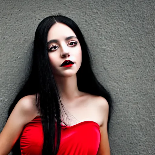 Image similar to portrait of a woman with long black hair and red eyes, wearing a red dress, 8k, photography, professional, detailed face, beautiful, cinematic lighting, film, high quality, depth of field, dark colors,