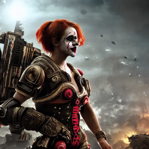 Image similar to emma watson as a clown in gears of war, splash art, movie still, cinematic lighting, ray tracing, detailed clown face, octane render, long lens, shallow depth of field, bokeh, anamorphic lens flare, 8 k, hyper detailed, 3 5 mm film grain