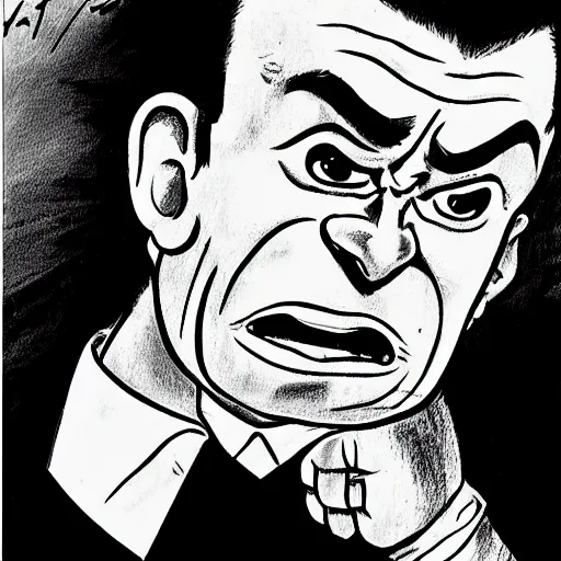 Image similar to simple caricature drawing of angry Joe Pesci, black and white manga panel, expressive, art by Nobuyuki Fukumoto