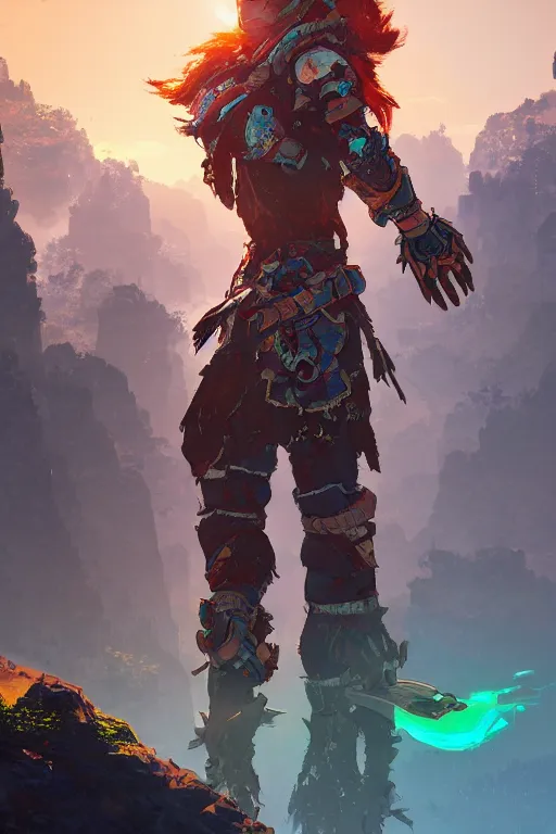 Image similar to combination suit armor aloy horizon forbidden west horizon zero dawn radiating a glowing aura global illumination ray tracing hdr fanart arstation by ian pesty and alena aenami artworks in 4 k tribal robot ninja mask helmet backpack