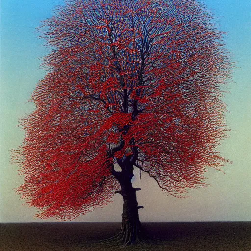 Image similar to white tree with red flowers made by zdzisław beksinski