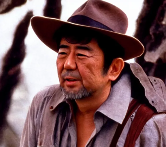 Image similar to a film still of shinzo abe in indiana jones