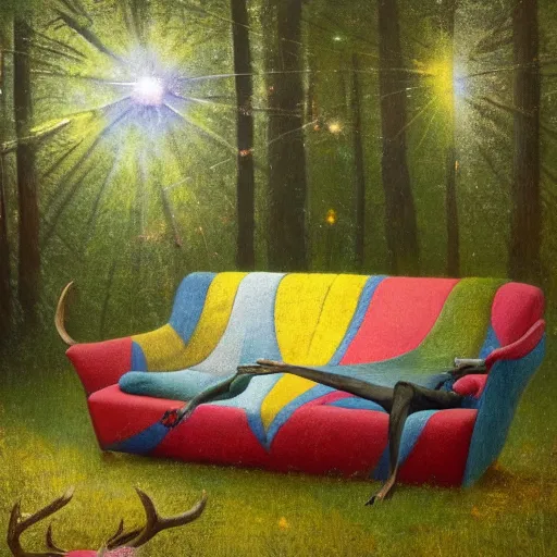 Prompt: psychedelic couch sofa in the lush pine forest, milky way, people with moose antlers, designed by arnold bocklin, jules bastien - lepage, tarsila do amaral, wayne barlowe and gustave baumann, cheval michael, trending on artstation, star, sharp focus, colorful refracted sparkles and lines, soft light, 8 k 4 k