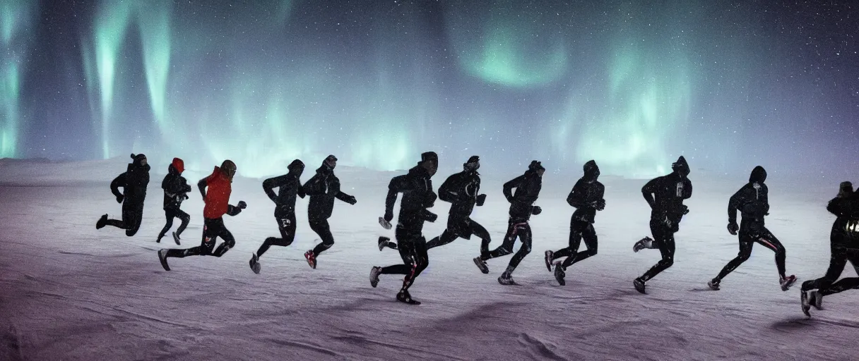 Prompt: a creepy dimly lit hyper detailed photo realistic vivid close up photograph of a group of six people running at night in antarctica running through mcmurdo station base screaming oh my god terror shadows evil darkness aurora borealis