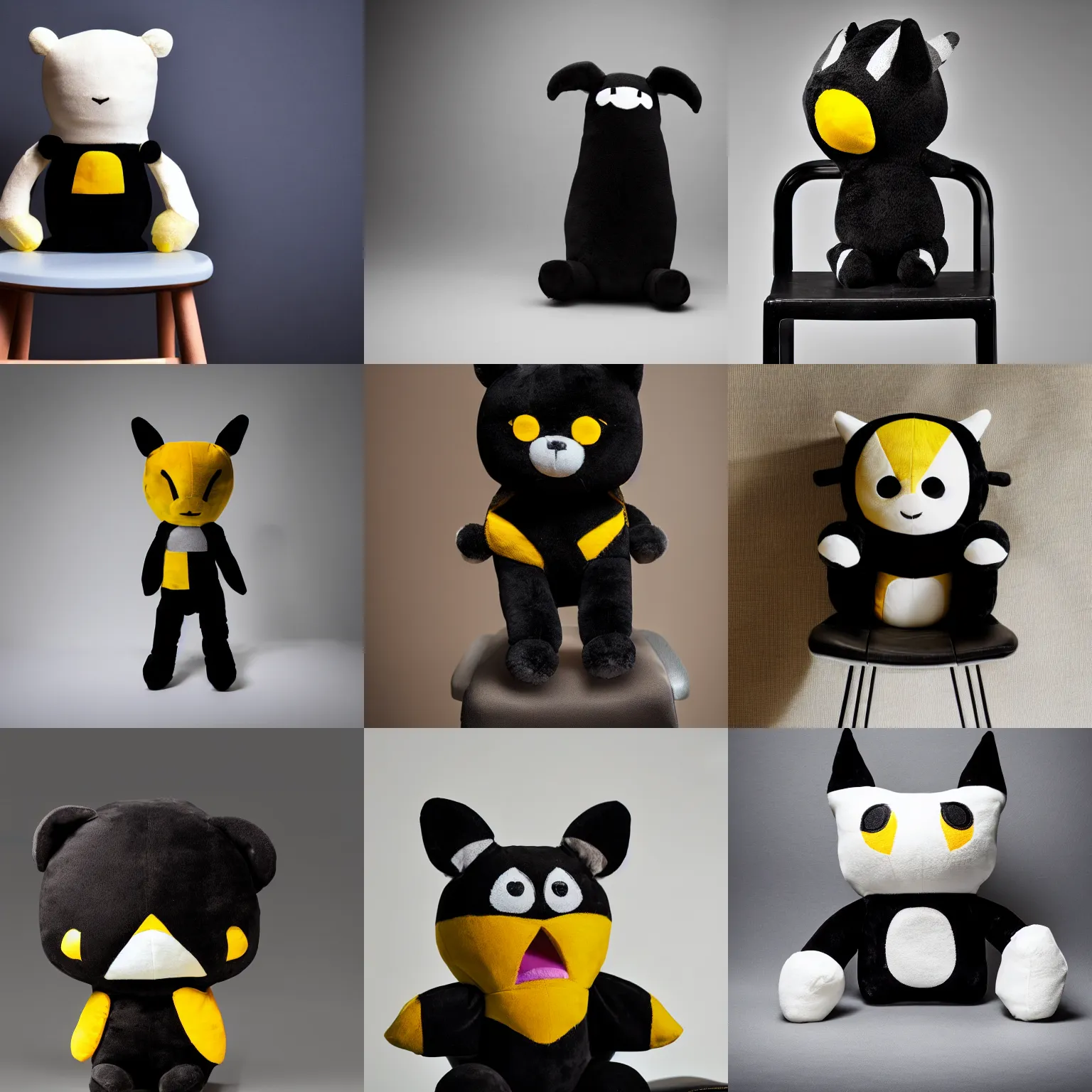 Prompt: A plushie of a black with yellow eyes standing on a chair, studio lighting