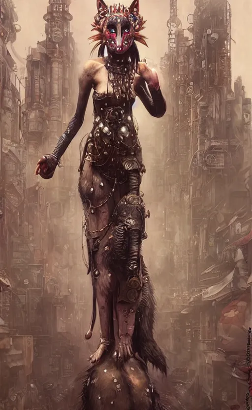 Image similar to hyper realistic Princess Mononoke, ornate mask magic, wet market street, cyberpunk metropolis, city landscape, jewels, full body pose, full moon, wolf by her side, style of tom bagshaw, mucha, james gurney, norman rockwell, denoised, sharp