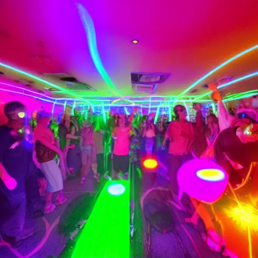 Prompt: nursing home retirement rave party with neon lights & lasers, highly detailed, 8k