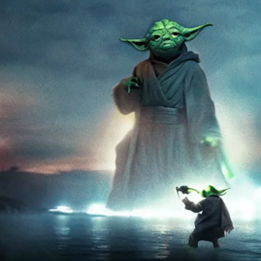 Prompt: movie still of yoda as godzilla destroying tokyo in the new godzilla movie, giant yoda