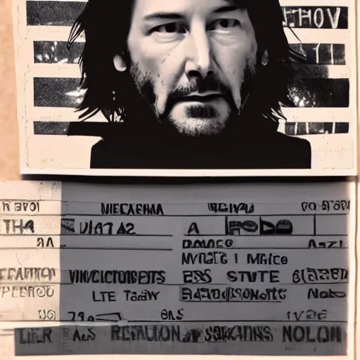 Prompt: a photo of an arrest mugshot of keanu reeves after being arrested, holding a sign with random numbers, 8 k resolution, photorealistic