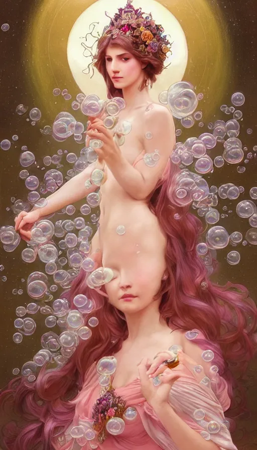 Image similar to portrait of stunning Goddess of magic, dreamy and ethereal, expressive pose, big pink eyes, peaceful expression, ornate frilly dress, fantasy, intricate, elegant, many rainbow bubbles, rose tones, highly detailed, digital painting, artstation, concept art, smooth, sharp focus, illustration, art by artgerm and greg rutkowski and alphonse mucha