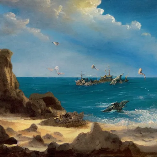 Image similar to A coast with sand and small rocks with a blue sky and a troubled sea and an old sailing ship on the horizon and in the sky is a flock of dinosaurs flying southwards, painted in oil colours