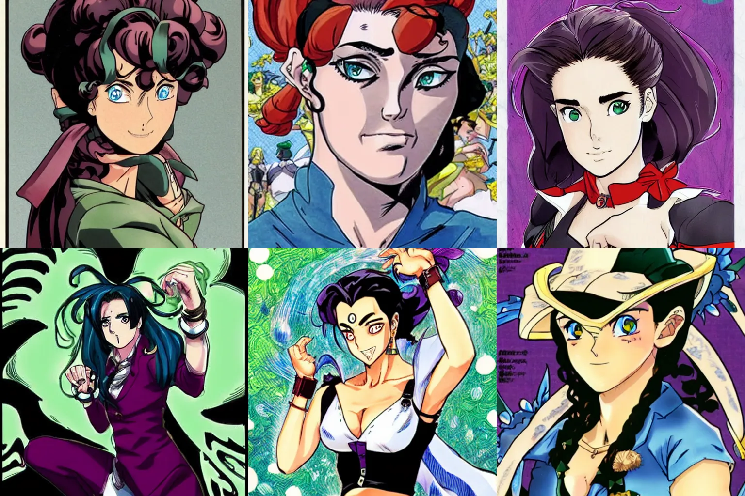 Prompt: jennifer connelly as a jojo bizarre adventure character, manga cover