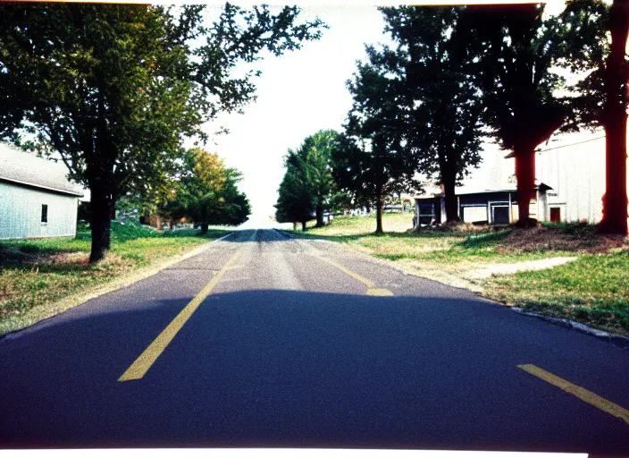 Image similar to A disposable camera picture of an empty street in a small rural American suburb, Kodak Fling 200, 1983