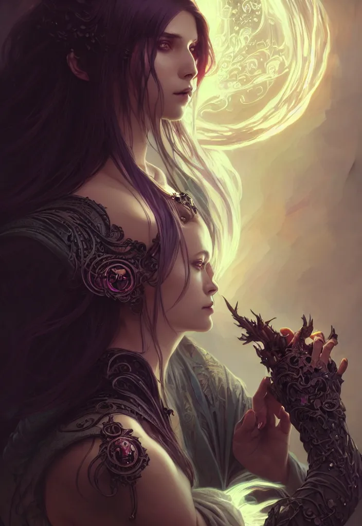 Image similar to Necromancer Sorceress, fantasy magic, undercut hairstyle, dark light night, intricate, elegant, sharp focus, illustration, highly detailed, digital painting, concept art, matte, art by WLOP and Artgerm and Greg Rutkowski and Alphonse Mucha, masterpiece