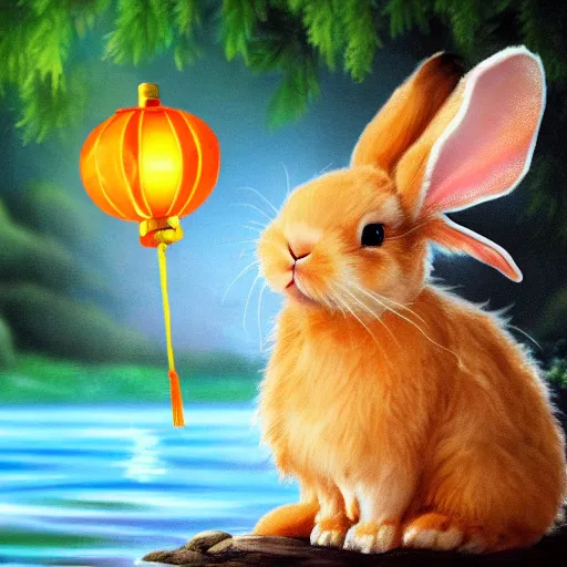 Image similar to cute fluffy tan lop eared bunny rabbit sitting by water with chinese lanterns and fireworks detailed painting 4k