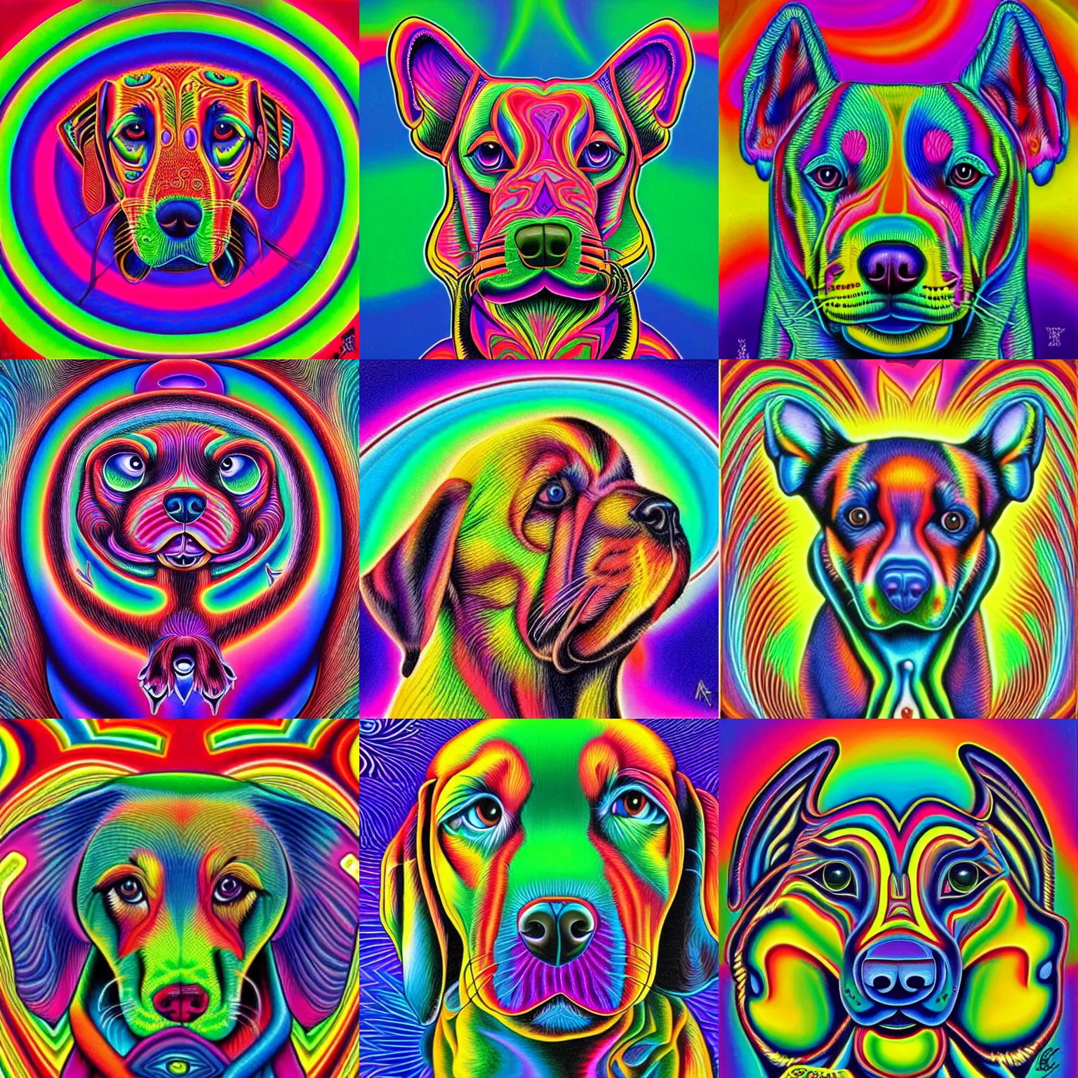 Prompt: striking, psychedelic, colorful puppy by alex grey