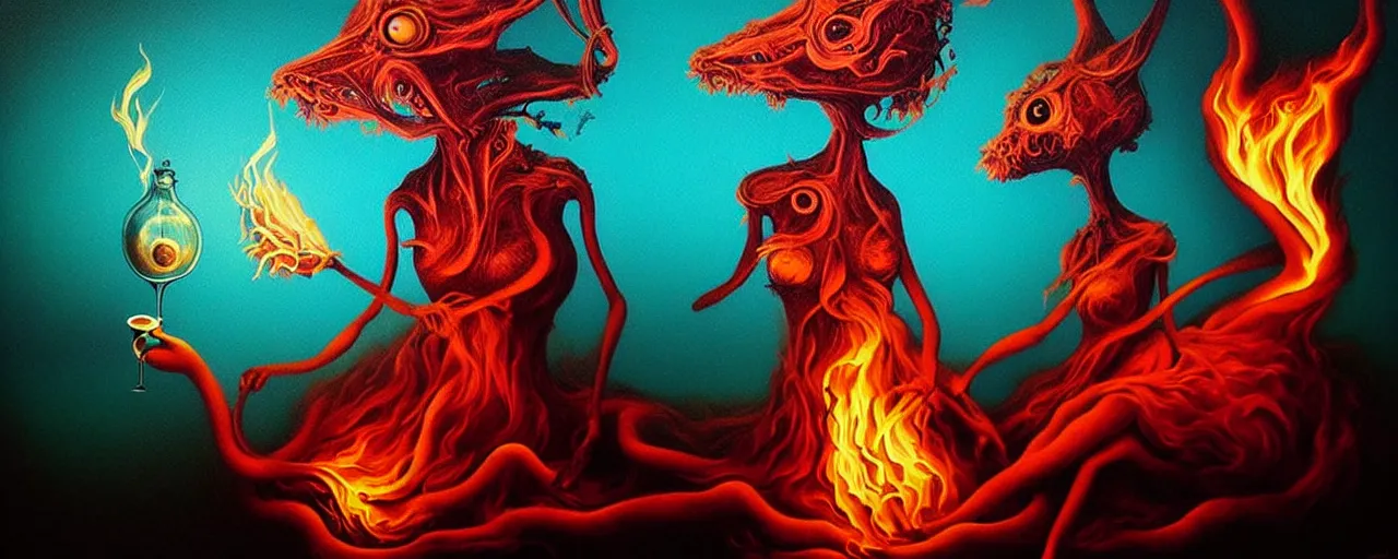 Image similar to whimsical!!!!!!!!!!!! fiery alchemical creatures, surreal dark uncanny painting by ronny khalil
