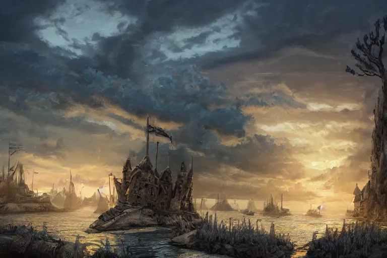 Image similar to allies who long spoke in one voice now squabble over petty differences. merchants seize farmland to build their roads ; farmers uproot sacred groves to plant their crops. sunset lighting ominous shadows, cinematic fantasy painting, dungeons and dragons, peaceful evening harbor, port, medieval coastal village, jessica rossier and brian froud