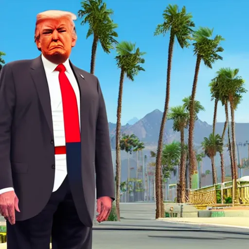 Image similar to Donald trump in GTA V . Los Santos in background, palm trees. in the art style of Stephen Bliss