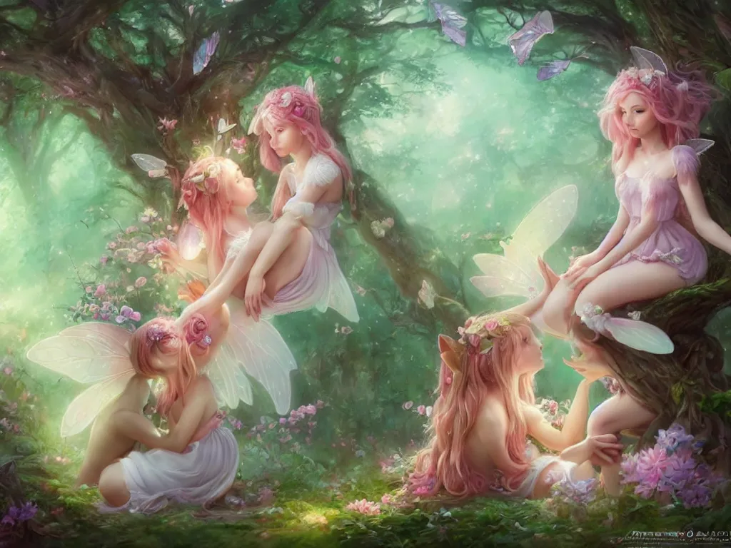 Image similar to two cute fairy in the dreamy forest, fantasy, dreamlike, 8 k resolution, hyper detailed, d & d, character design, digital painting, trending on artstation, sharp focus, illustration, art by artgerm, viktoria gavrilenko, hoang lap, fuji choko, steve zheng