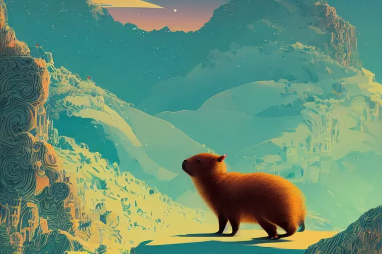 Prompt: Adorably cute portrait of Capybara on top of a mountain , artstation winner by Victo Ngai, Kilian Eng and by Jake Parker, swirly vibrant color lines, winning-award masterpiece, fantastically gaudy, aesthetic octane render, 8K HD Resolution