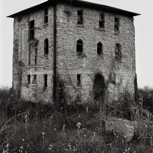 Image similar to Photograph of the abandoned wizard\'s tower in the overgrown garden. Paul Caponigro.