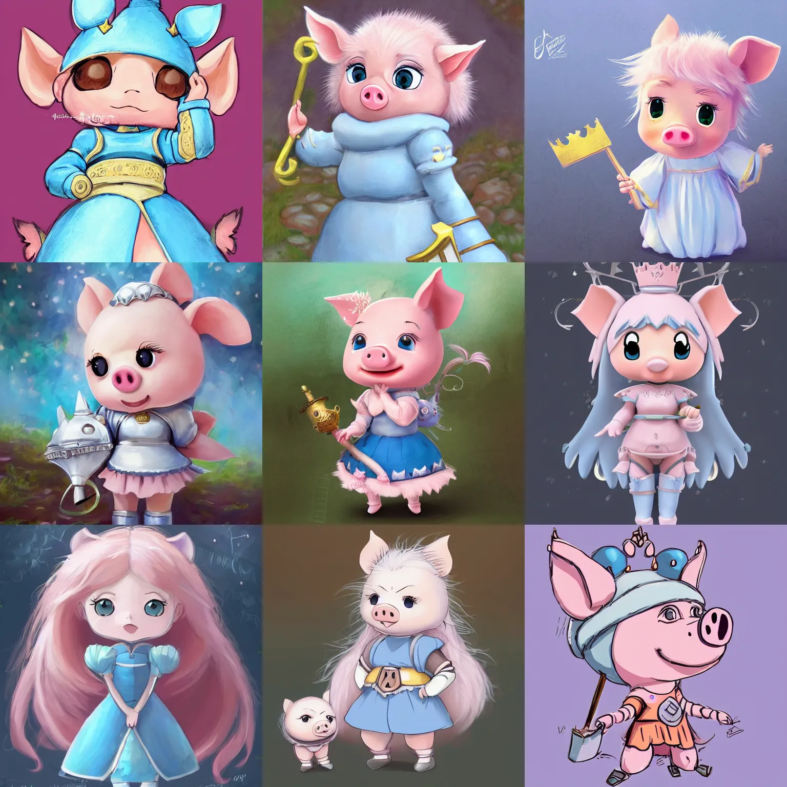 Prompt: very cute and adorable little anthropomorphic piggy knight princess, big beautiful blue eyes, piglet, fantasy forest, pale blue outfit, pretty, semi realistic, hyper detailed, 8k, studio Ghibli, DeviantArt, Instagram, Behance, Artstation, trending on artstation, Yee Chong, Sydney Hanson, Mickael Lelièvre, Jaeyeon Nam, derevschikova, Ross Tran