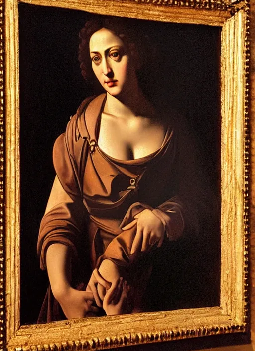 Image similar to portrait of madonna in a golden hour lighting, painted by the caravaggio, 8 k extremely realistic and highly detailed