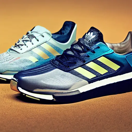 Prompt: the future of running shoes, product catalog shots, mecha details and colorful, Adidas