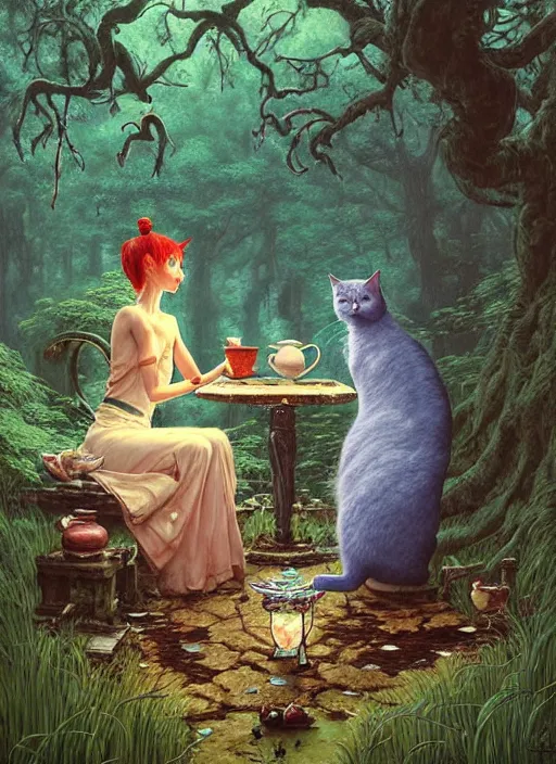 Image similar to cat having tea with a sorceress at a shrine in the woods by a stream, river gorgeous lighting, lush forest foliage blue sky a hyper realistic painting by chiara bautista and beksinski and norman rockwell and greg rutkowski weta studio, and lucasfilm