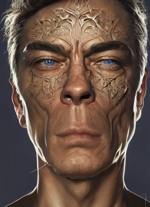 Image similar to symmetry!! jean claude van damme, machine parts embedded into face, intricate, elegant, highly detailed, digital painting, artstation, concept art, smooth, sharp focus, illustration, art by artgerm and greg rutkowski and alphonse mucha, 8 k