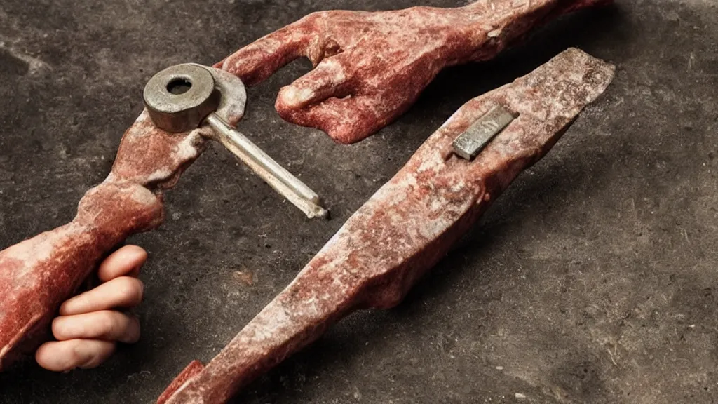 Prompt: A wrench , tool , made from human skin and flesh