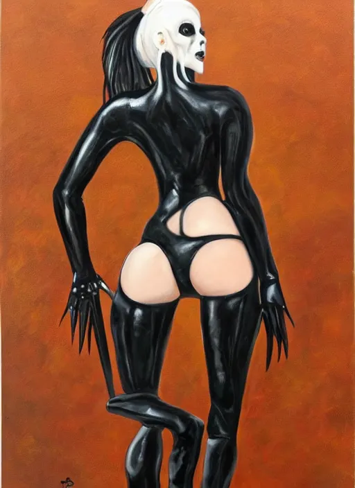 Prompt: oil painting of female monster full figure made out of black latex, full body armor, horror